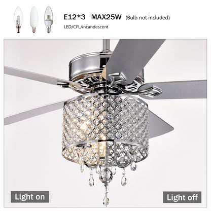 52'' Classical Crystal Ceiling Fan Lamp 3 Speed Hand Pull Chain (High, Mid, Low), 5 Reversible Blades for Living Room, Dining Room, Bedroom, Family Room, Chrome ,3PCS*E12 (NO Include Bulb )