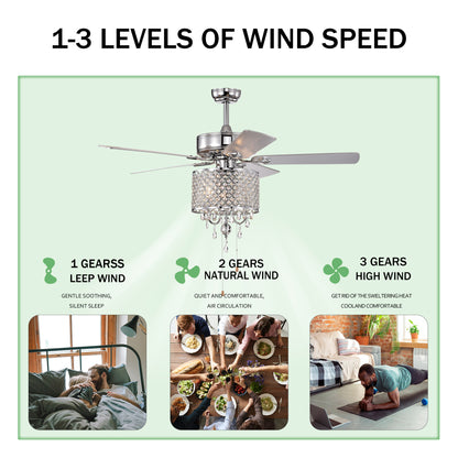 52'' Classical Crystal Ceiling Fan Lamp 3 Speed Hand Pull Chain (High, Mid, Low), 5 Reversible Blades for Living Room, Dining Room, Bedroom, Family Room, Chrome ,3PCS*E12 (NO Include Bulb )