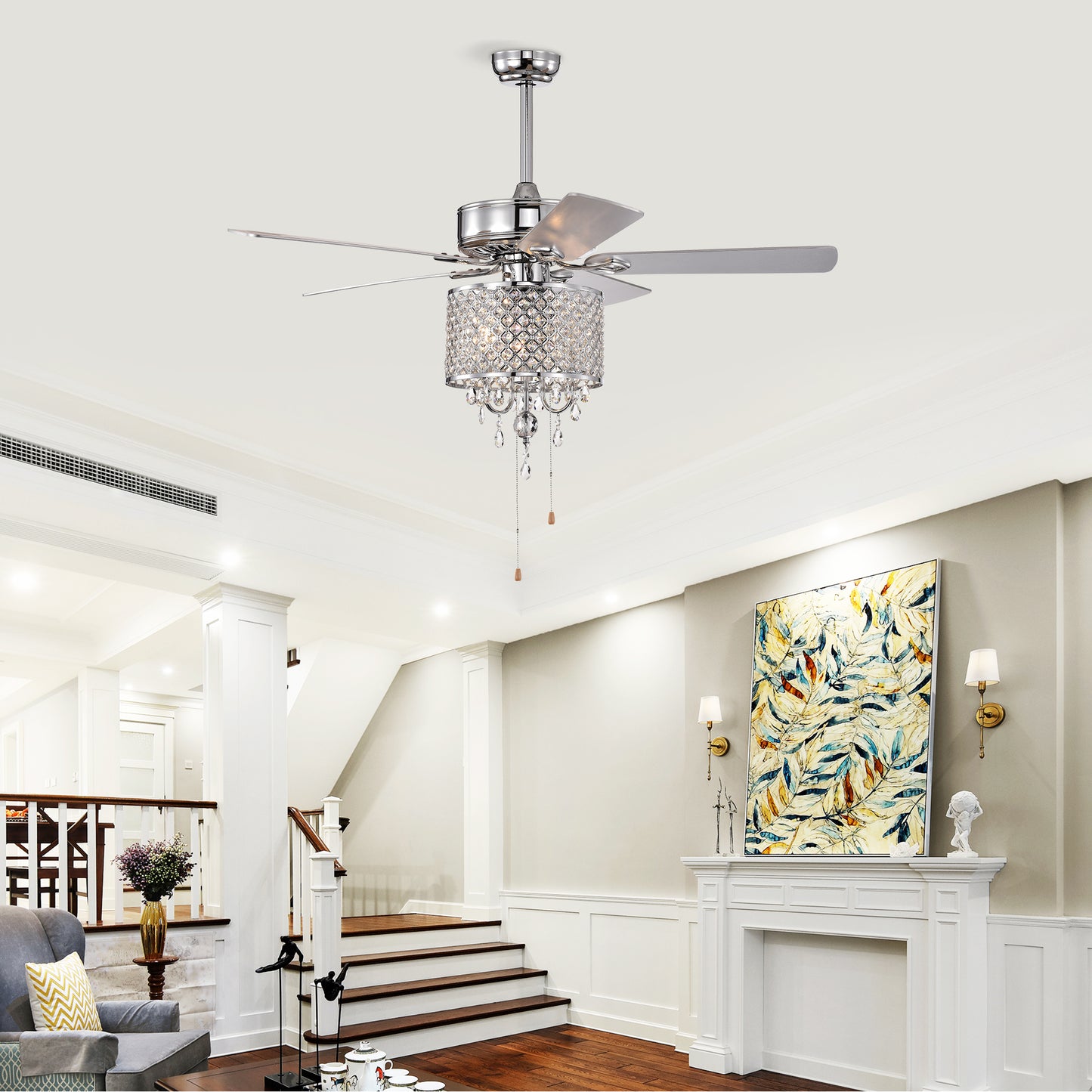52'' Classical Crystal Ceiling Fan Lamp 3 Speed Hand Pull Chain (High, Mid, Low), 5 Reversible Blades for Living Room, Dining Room, Bedroom, Family Room, Chrome ,3PCS*E12 (NO Include Bulb )