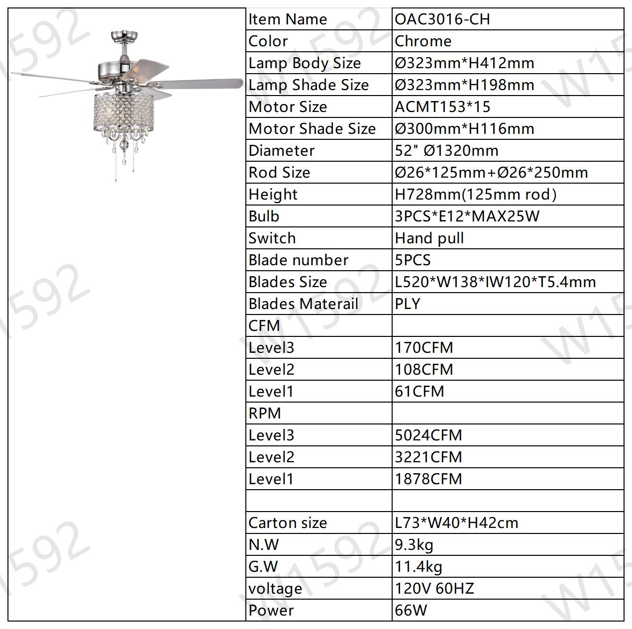 52'' Classical Crystal Ceiling Fan Lamp 3 Speed Hand Pull Chain (High, Mid, Low), 5 Reversible Blades for Living Room, Dining Room, Bedroom, Family Room, Chrome ,3PCS*E12 (NO Include Bulb )