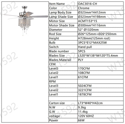 52'' Classical Crystal Ceiling Fan Lamp 3 Speed Hand Pull Chain (High, Mid, Low), 5 Reversible Blades for Living Room, Dining Room, Bedroom, Family Room, Chrome ,3PCS*E12 (NO Include Bulb )
