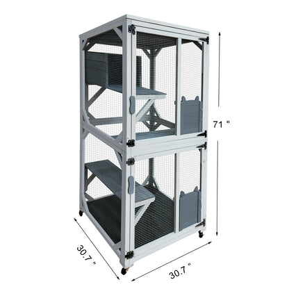 30.7" Wooden Catio Outdoor Cat Enclosure, Luxury Cat House on Wheels with Napping House, 4 Platforms & Weatherproof Asphalt Roof, Large Kitty Cat Condo Cage Shelter Playpen with Sliding Doors