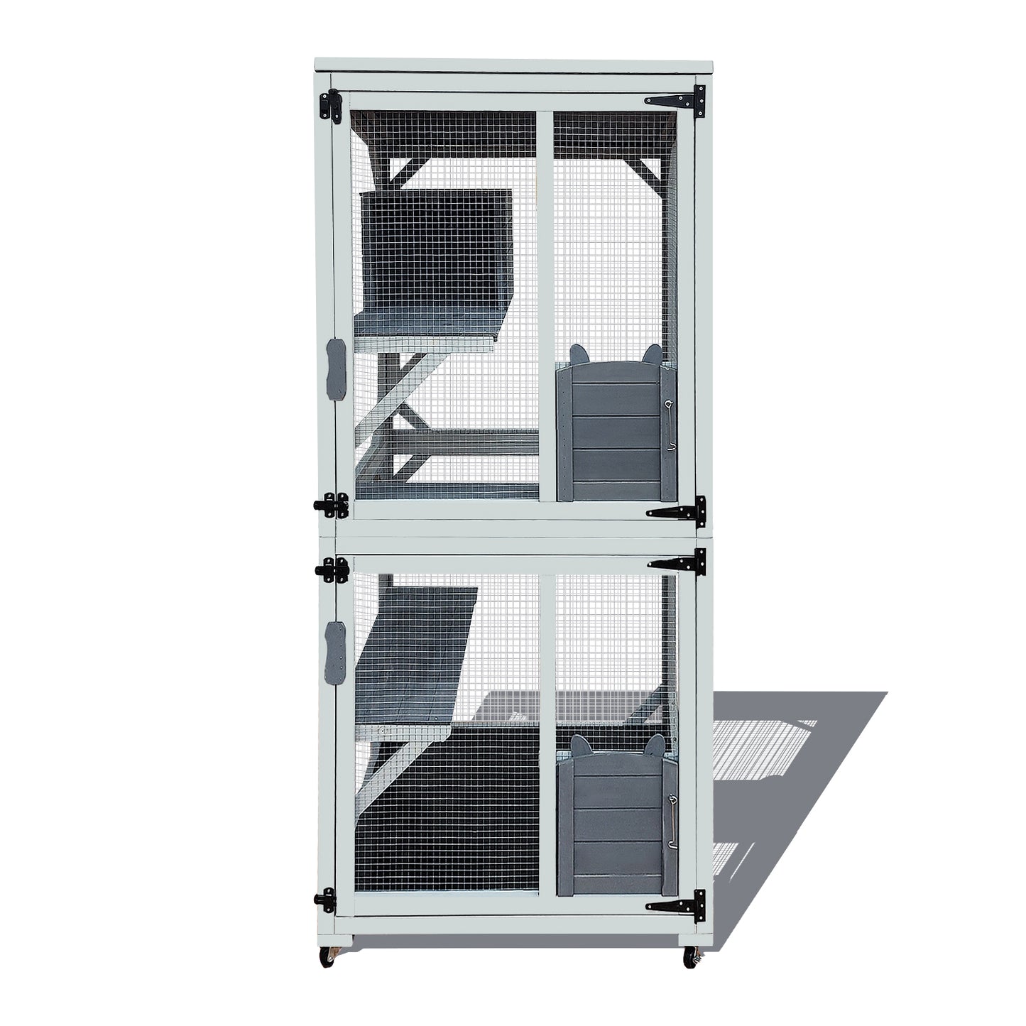 30.7" Wooden Catio Outdoor Cat Enclosure, Luxury Cat House on Wheels with Napping House, 4 Platforms & Weatherproof Asphalt Roof, Large Kitty Cat Condo Cage Shelter Playpen with Sliding Doors