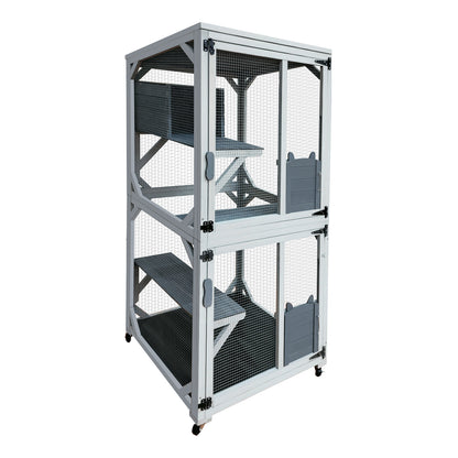 30.7" Wooden Catio Outdoor Cat Enclosure, Luxury Cat House on Wheels with Napping House, 4 Platforms & Weatherproof Asphalt Roof, Large Kitty Cat Condo Cage Shelter Playpen with Sliding Doors