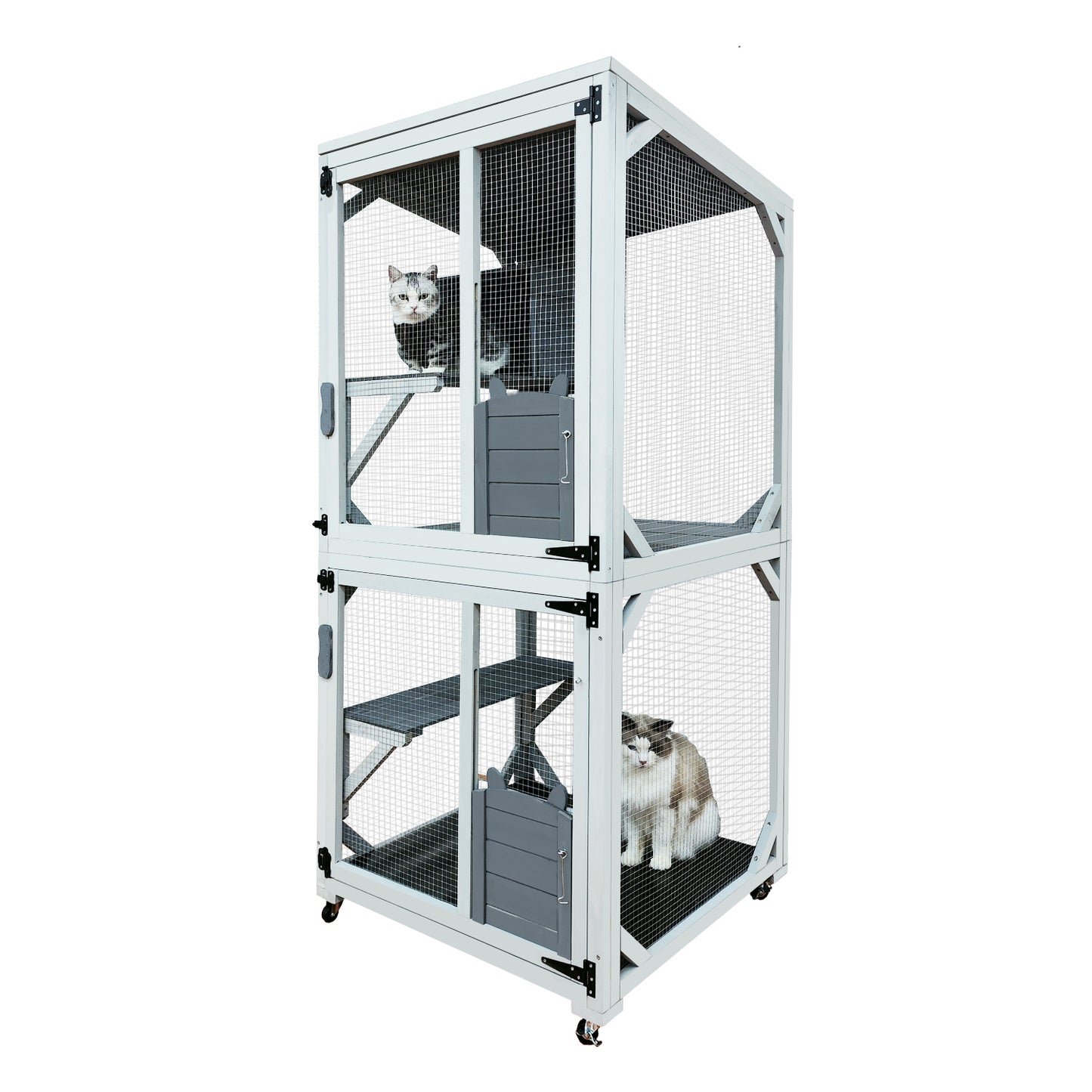 30.7" Wooden Catio Outdoor Cat Enclosure, Luxury Cat House on Wheels with Napping House, 4 Platforms & Weatherproof Asphalt Roof, Large Kitty Cat Condo Cage Shelter Playpen with Sliding Doors