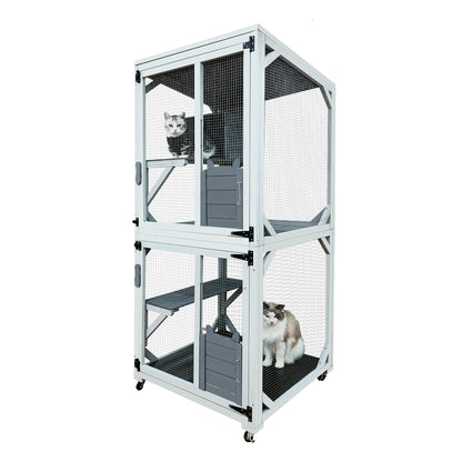 30.7" Wooden Catio Outdoor Cat Enclosure, Luxury Cat House on Wheels with Napping House, 4 Platforms & Weatherproof Asphalt Roof, Large Kitty Cat Condo Cage Shelter Playpen with Sliding Doors