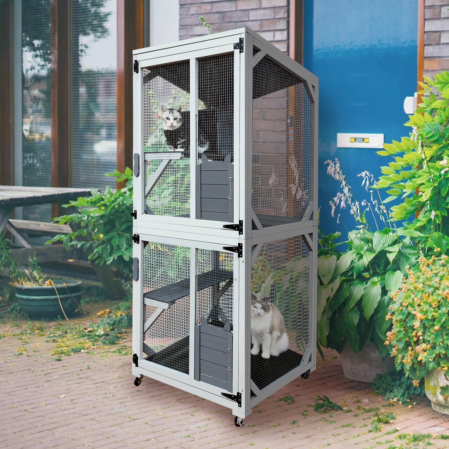 30.7" Wooden Catio Outdoor Cat Enclosure, Luxury Cat House on Wheels with Napping House, 4 Platforms & Weatherproof Asphalt Roof, Large Kitty Cat Condo Cage Shelter Playpen with Sliding Doors