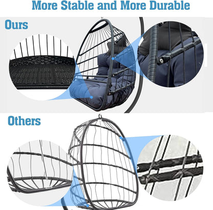 Swing Egg Chair with Stand Indoor Outdoor Wicker Rattan Patio Basket Hanging Chair with C Type bracket , with cushion and pillow,Patio Wicker folding Hanging Chair( Special construction cup holder