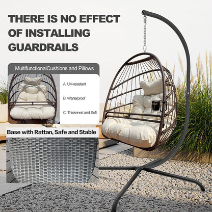 Swing Egg Chair with Stand Indoor Outdoor Wicker Rattan Patio Basket Hanging Chair with C Type bracket , with cushion and pillow,Patio Wicker folding Hanging Chair( Special construction cup holder