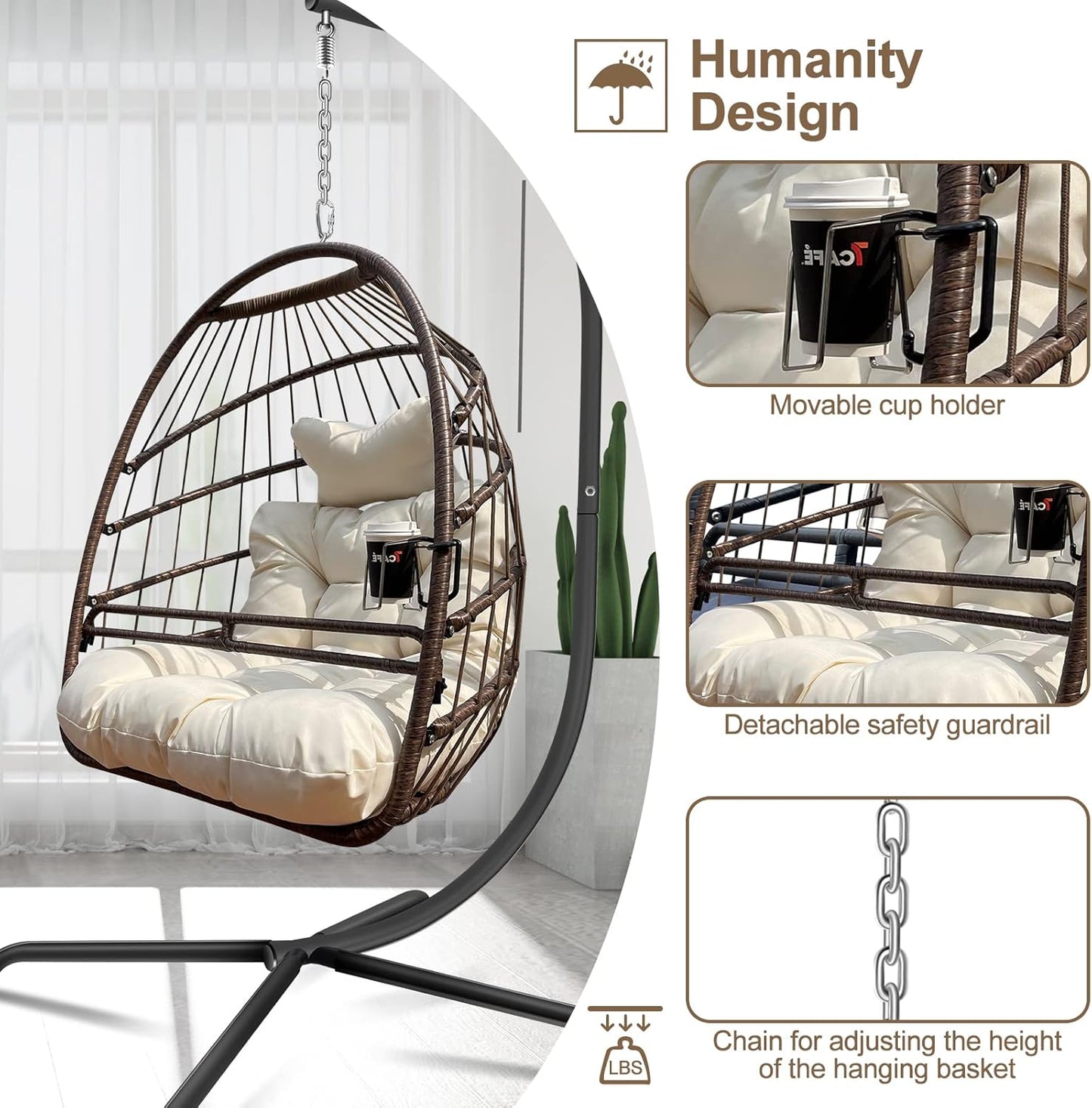 Swing Egg Chair with Stand Indoor Outdoor Wicker Rattan Patio Basket Hanging Chair with C Type bracket , with cushion and pillow,Patio Wicker folding Hanging Chair( Special construction cup holder