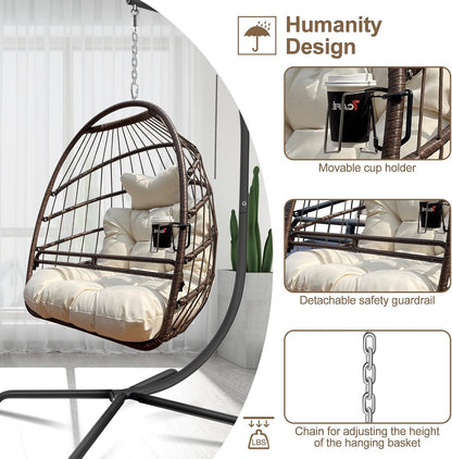 Swing Egg Chair with Stand Indoor Outdoor Wicker Rattan Patio Basket Hanging Chair with C Type bracket , with cushion and pillow,Patio Wicker folding Hanging Chair( Special construction cup holder