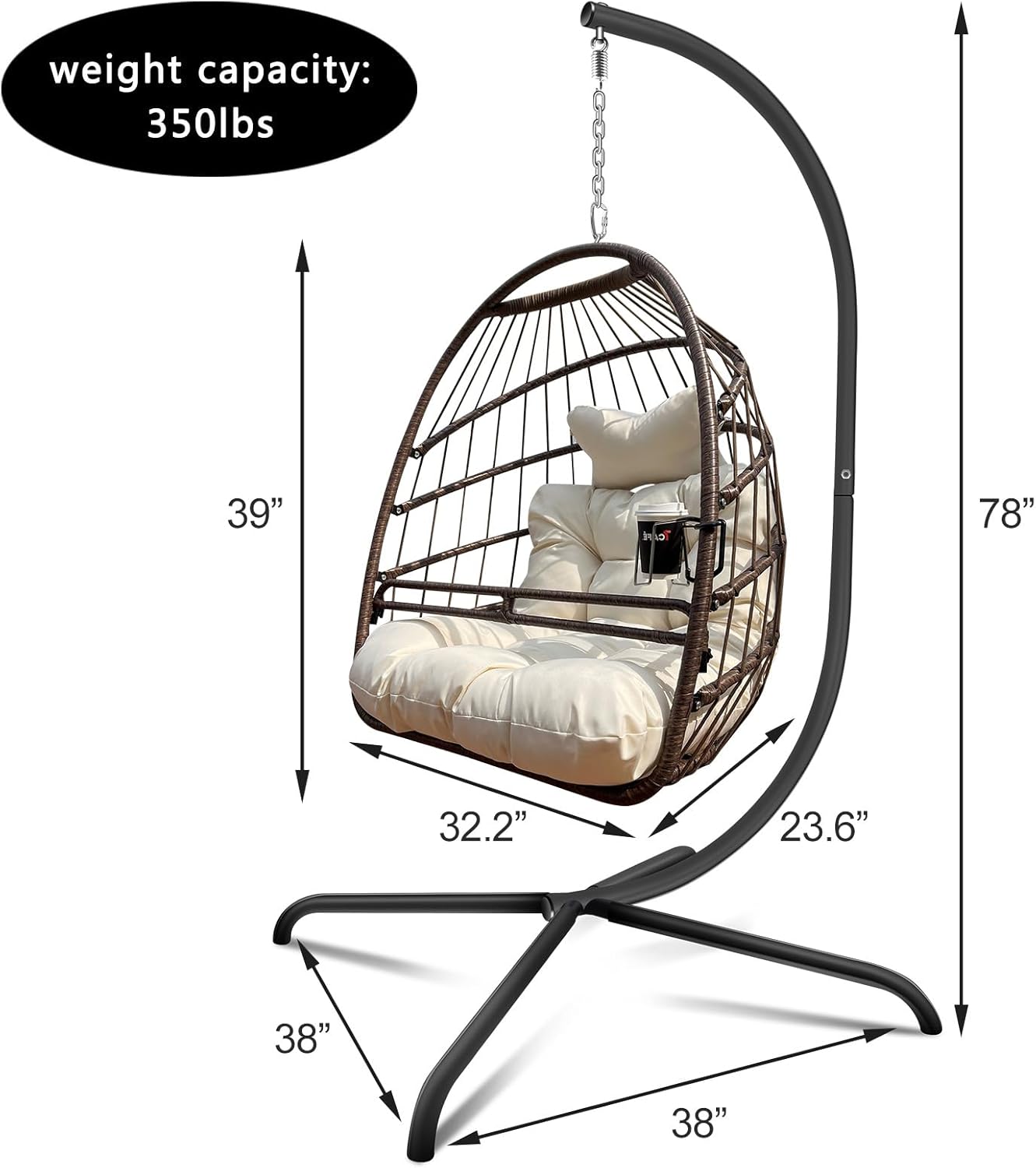 Swing Egg Chair with Stand Indoor Outdoor Wicker Rattan Patio Basket Hanging Chair with C Type bracket , with cushion and pillow,Patio Wicker folding Hanging Chair( Special construction cup holder