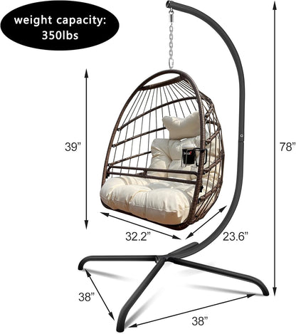 Swing Egg Chair with Stand Indoor Outdoor Wicker Rattan Patio Basket Hanging Chair with C Type bracket , with cushion and pillow,Patio Wicker folding Hanging Chair( Special construction cup holder