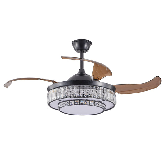 18" Contemporary Crystal LED Retractable Ceiling Fan with Light and Remote Control, Quiet Reversible Motor,4 Blades Modern Ceiling Fans for Kitchen Bedroom Dining Room Patio