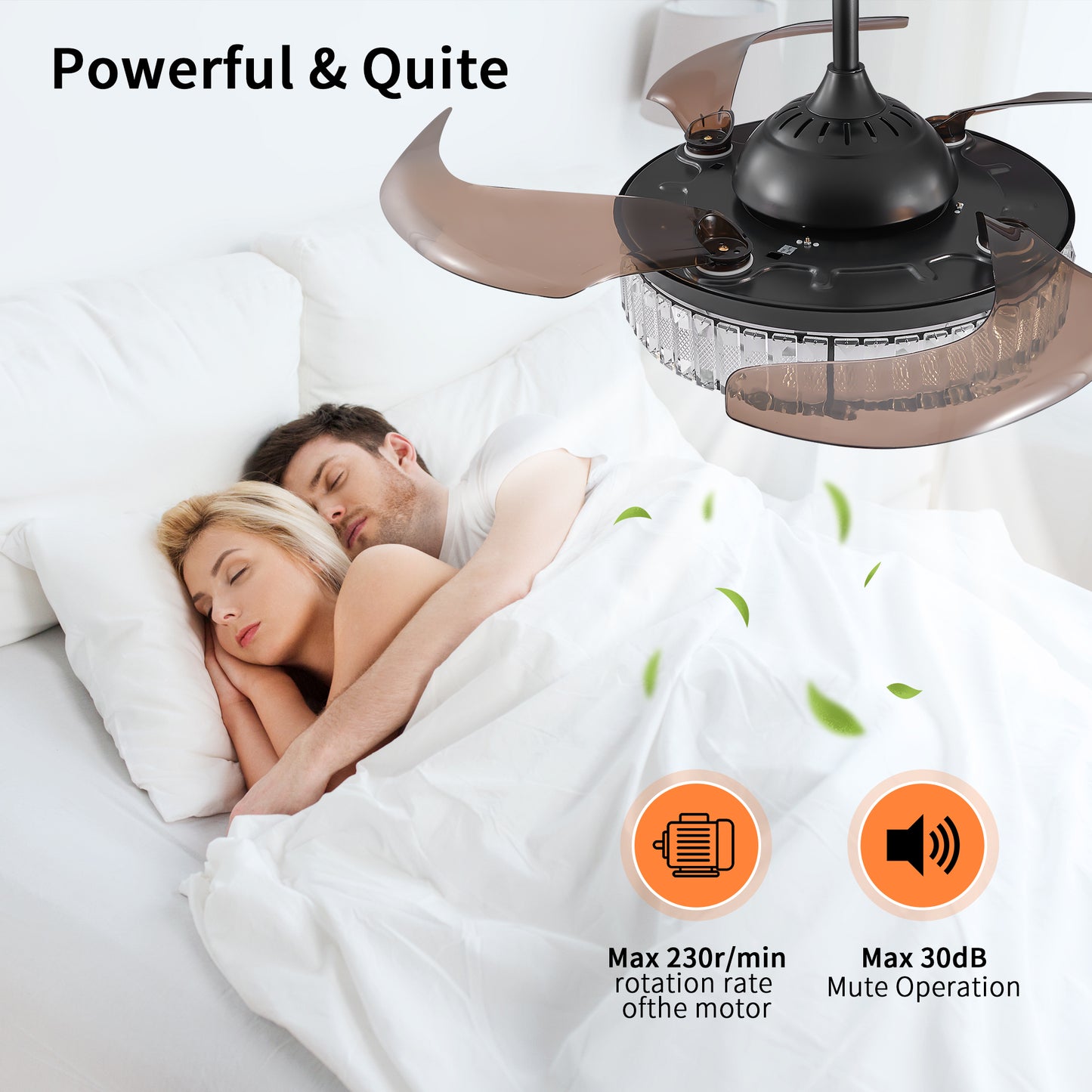 18" Contemporary Crystal LED Retractable Ceiling Fan with Light and Remote Control, Quiet Reversible Motor,4 Blades Modern Ceiling Fans for Kitchen Bedroom Dining Room Patio