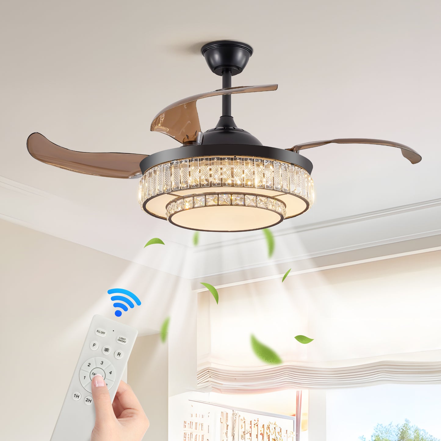 18" Contemporary Crystal LED Retractable Ceiling Fan with Light and Remote Control, Quiet Reversible Motor,4 Blades Modern Ceiling Fans for Kitchen Bedroom Dining Room Patio