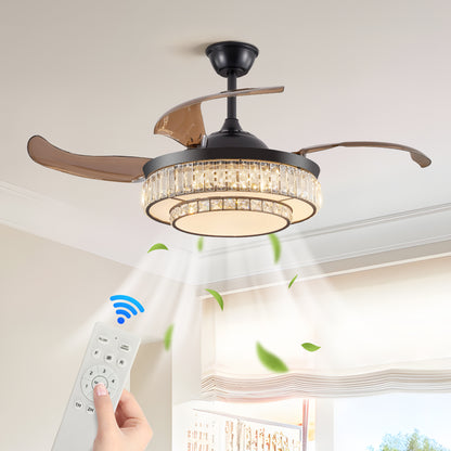 18" Contemporary Crystal LED Retractable Ceiling Fan with Light and Remote Control, Quiet Reversible Motor,4 Blades Modern Ceiling Fans for Kitchen Bedroom Dining Room Patio