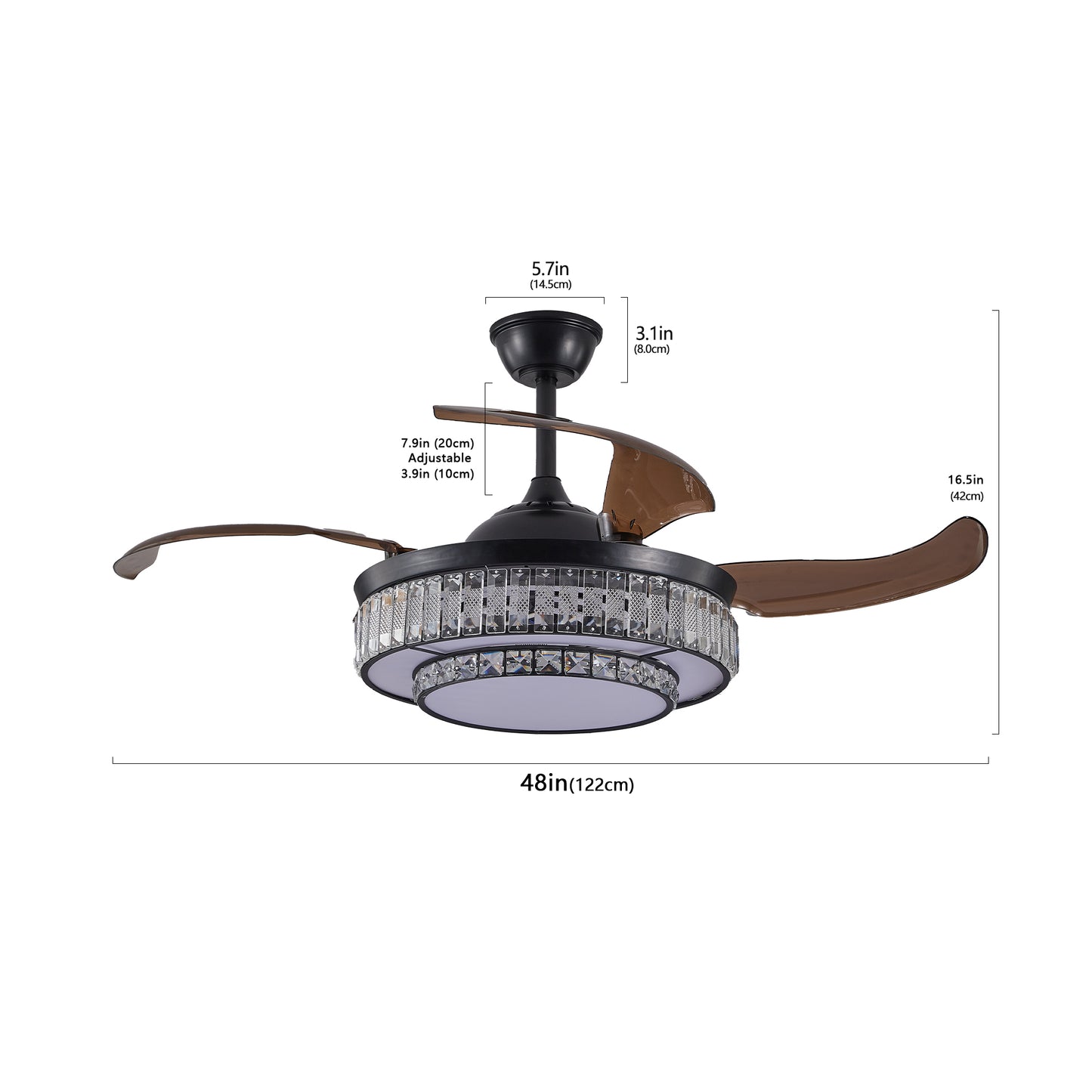 18" Contemporary Crystal LED Retractable Ceiling Fan with Light and Remote Control, Quiet Reversible Motor,4 Blades Modern Ceiling Fans for Kitchen Bedroom Dining Room Patio