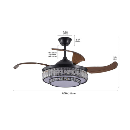 18" Contemporary Crystal LED Retractable Ceiling Fan with Light and Remote Control, Quiet Reversible Motor,4 Blades Modern Ceiling Fans for Kitchen Bedroom Dining Room Patio