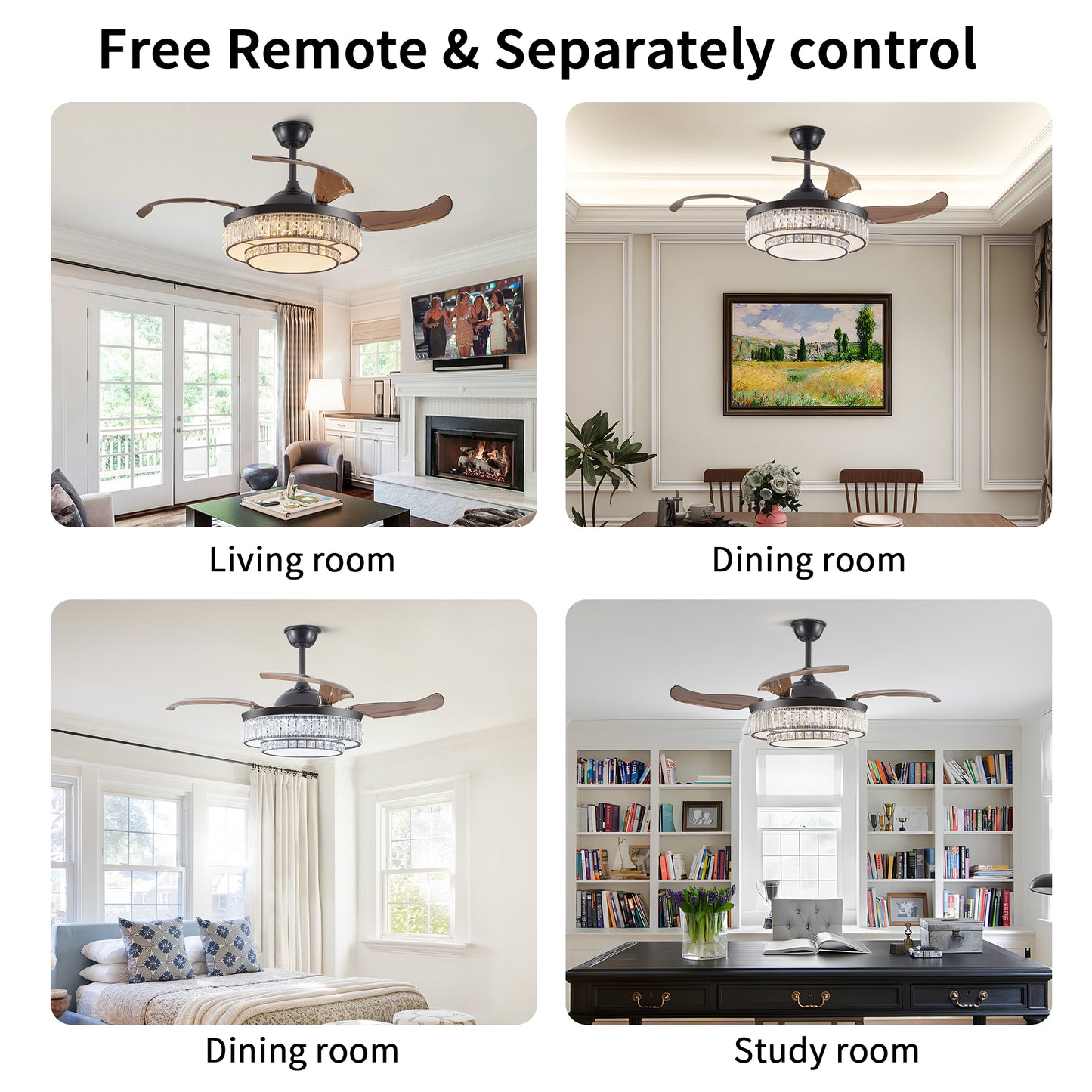 18" Contemporary Crystal LED Retractable Ceiling Fan with Light and Remote Control, Quiet Reversible Motor,4 Blades Modern Ceiling Fans for Kitchen Bedroom Dining Room Patio