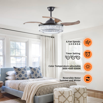 18" Contemporary Crystal LED Retractable Ceiling Fan with Light and Remote Control, Quiet Reversible Motor,4 Blades Modern Ceiling Fans for Kitchen Bedroom Dining Room Patio
