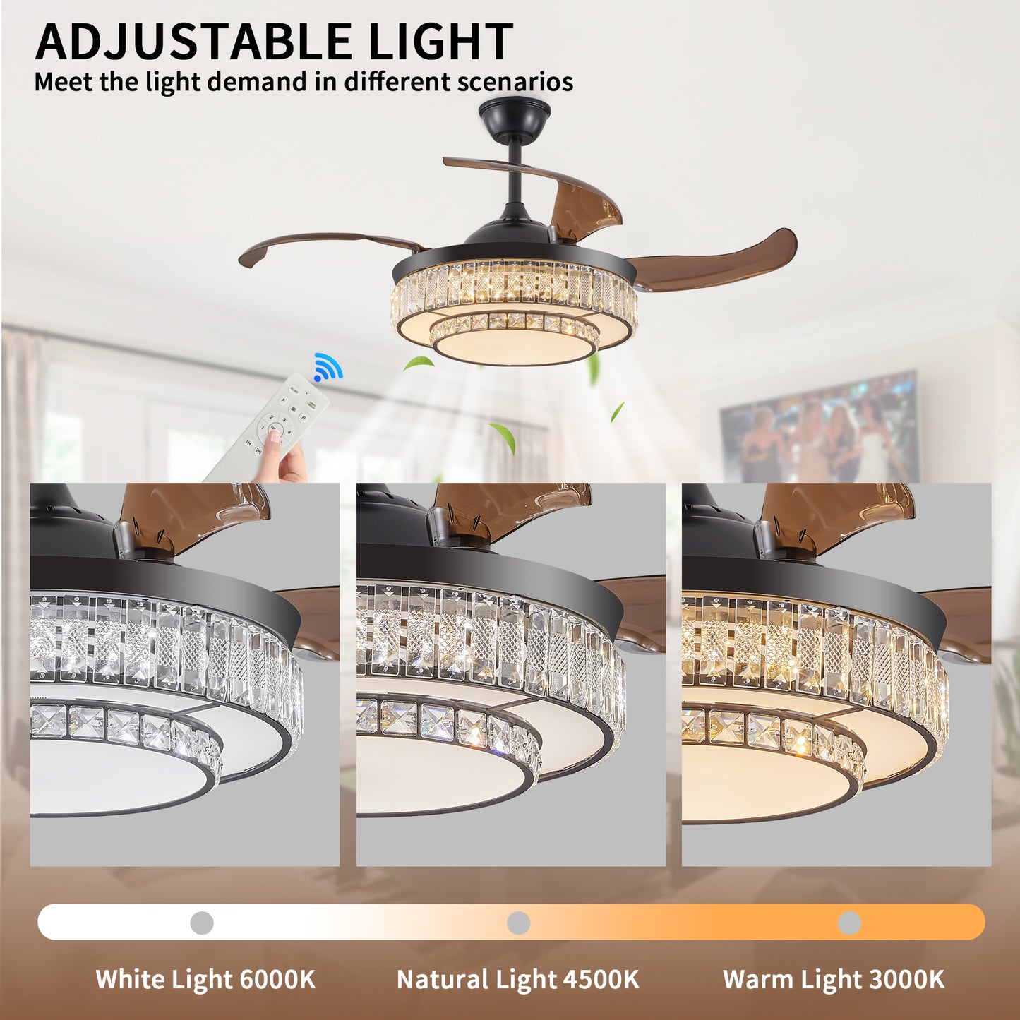 18" Contemporary Crystal LED Retractable Ceiling Fan with Light and Remote Control, Quiet Reversible Motor,4 Blades Modern Ceiling Fans for Kitchen Bedroom Dining Room Patio