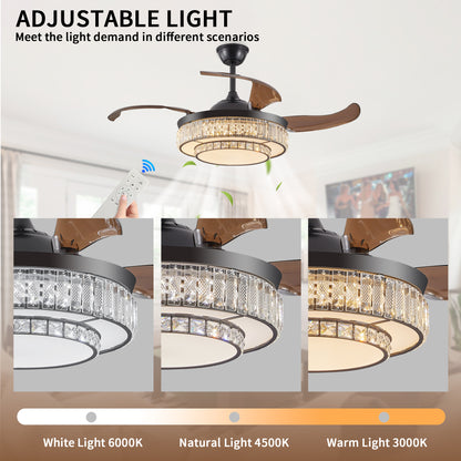 18" Contemporary Crystal LED Retractable Ceiling Fan with Light and Remote Control, Quiet Reversible Motor,4 Blades Modern Ceiling Fans for Kitchen Bedroom Dining Room Patio