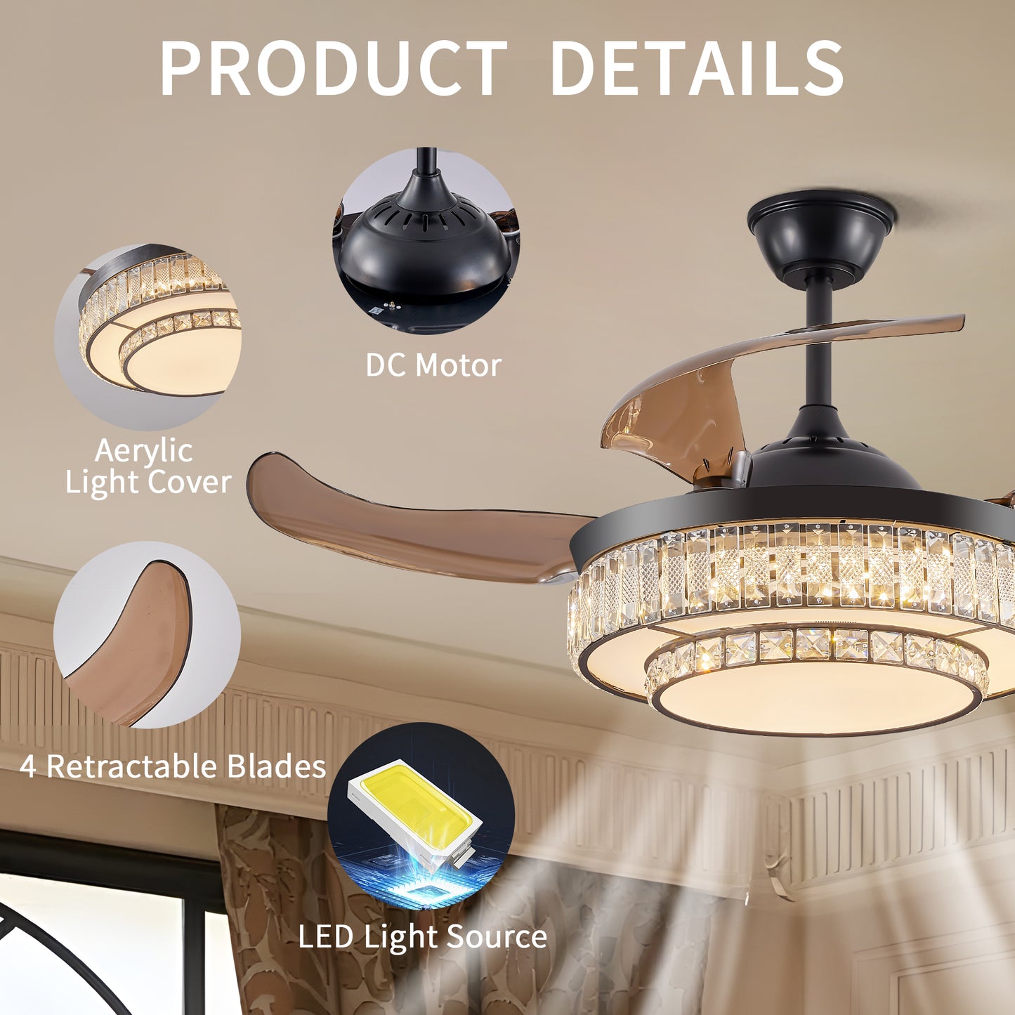 18" Contemporary Crystal LED Retractable Ceiling Fan with Light and Remote Control, Quiet Reversible Motor,4 Blades Modern Ceiling Fans for Kitchen Bedroom Dining Room Patio