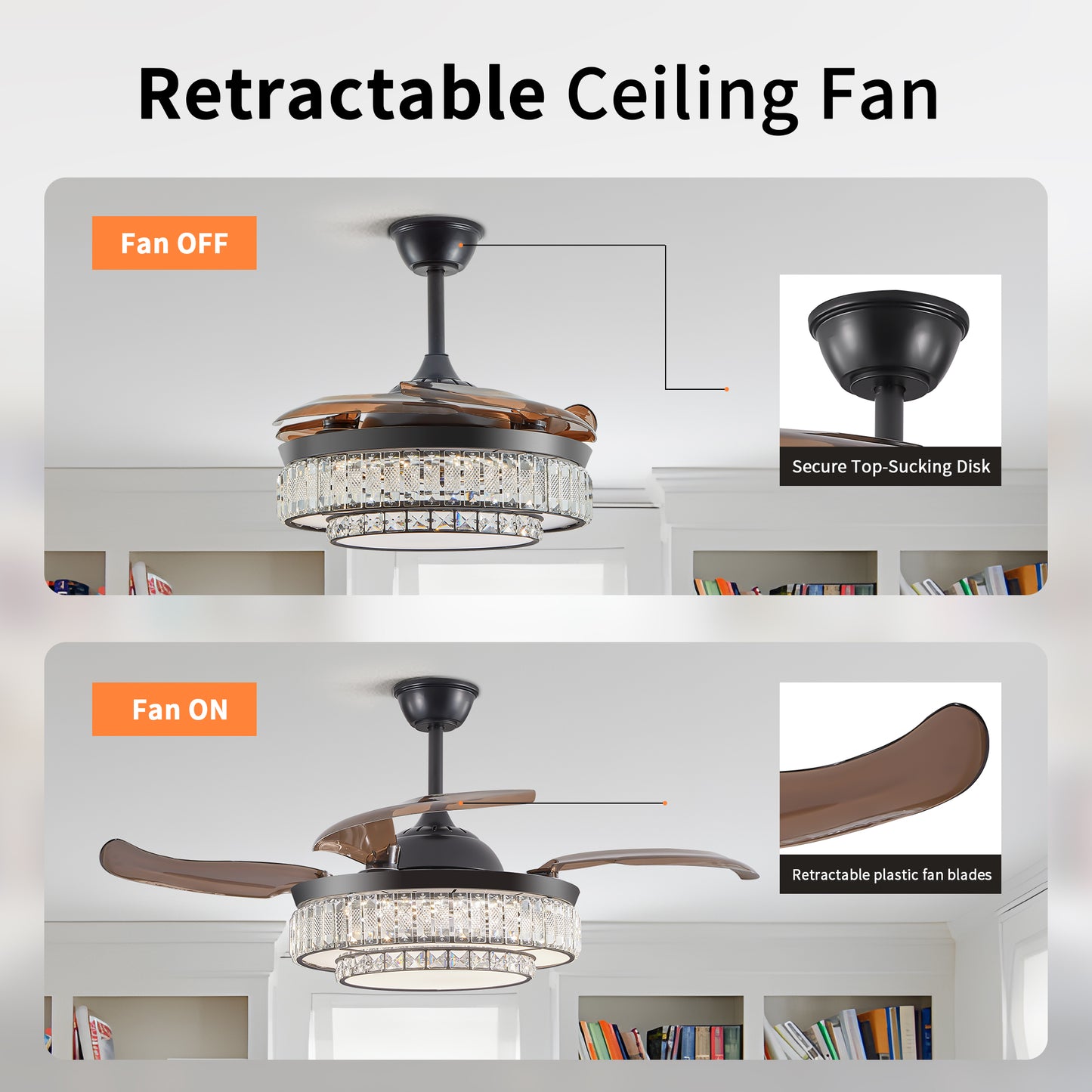 18" Contemporary Crystal LED Retractable Ceiling Fan with Light and Remote Control, Quiet Reversible Motor,4 Blades Modern Ceiling Fans for Kitchen Bedroom Dining Room Patio
