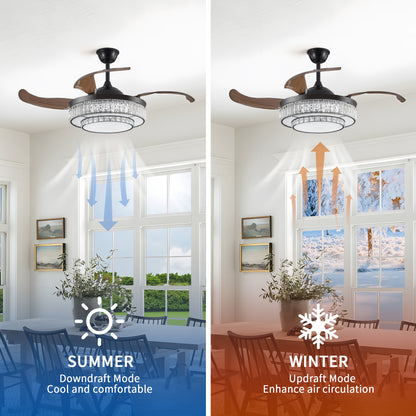 18" Contemporary Crystal LED Retractable Ceiling Fan with Light and Remote Control, Quiet Reversible Motor,4 Blades Modern Ceiling Fans for Kitchen Bedroom Dining Room Patio