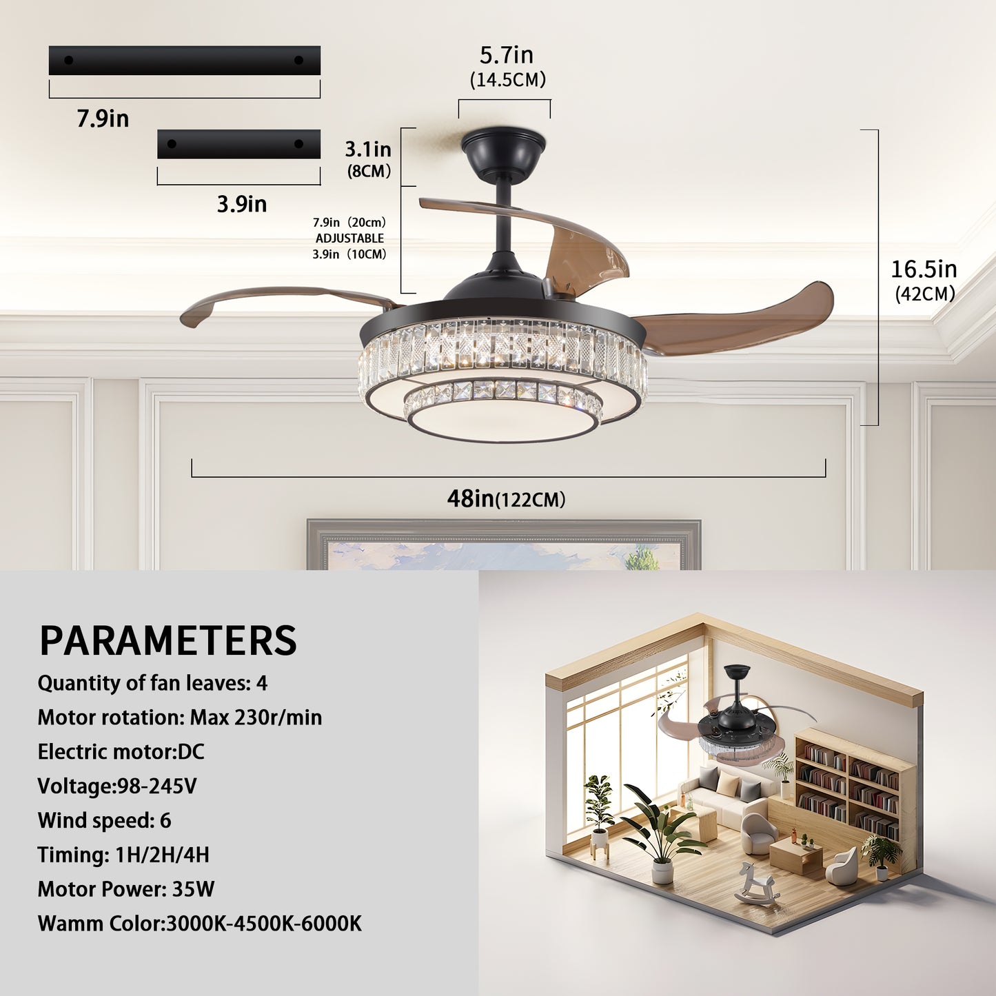 18" Contemporary Crystal LED Retractable Ceiling Fan with Light and Remote Control, Quiet Reversible Motor,4 Blades Modern Ceiling Fans for Kitchen Bedroom Dining Room Patio
