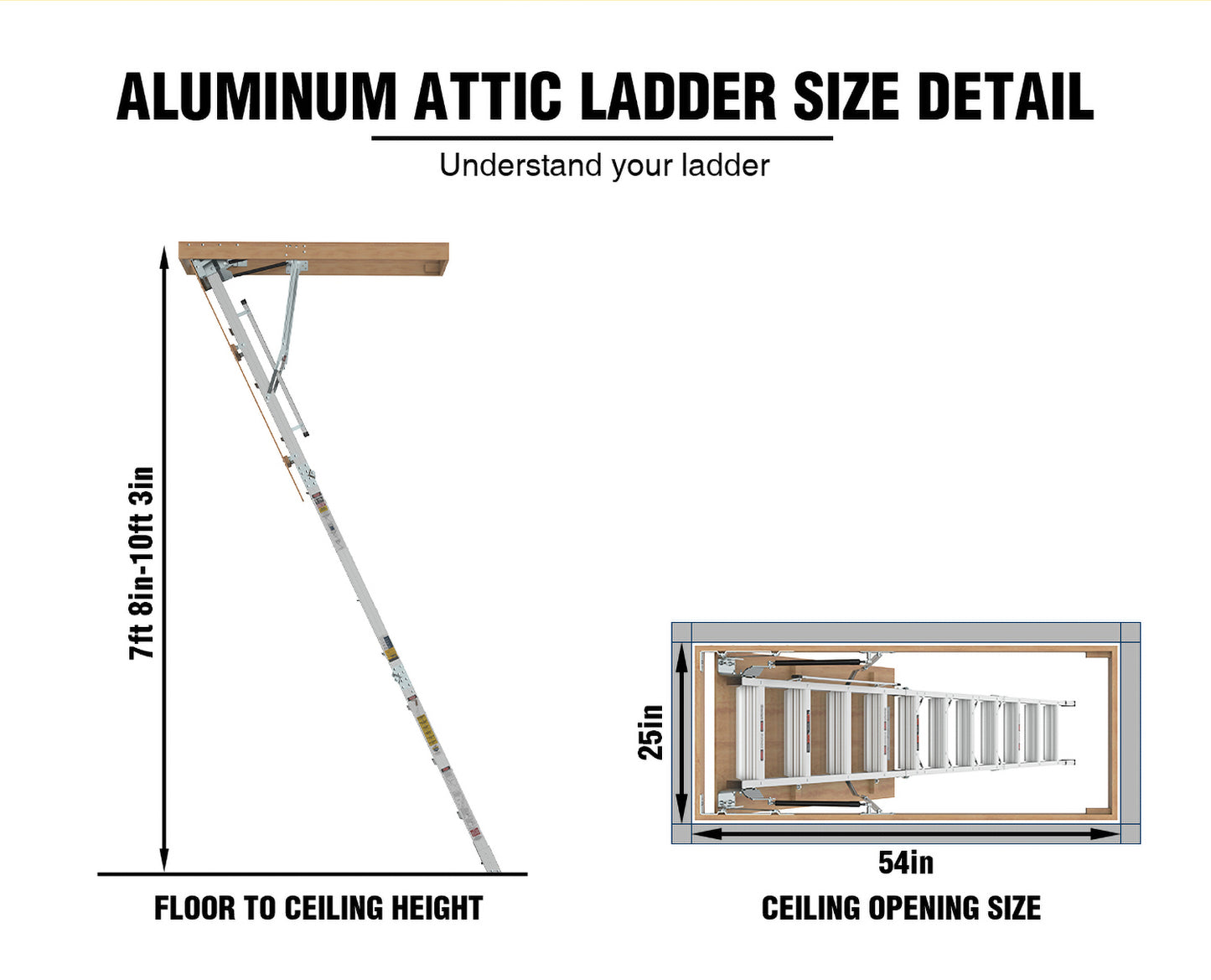 Household Aluminum Attic Ladder 25" x 54" ,350lbs Capacity, 7-10 ft Ceiling Height