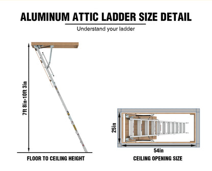 Household Aluminum Attic Ladder 25" x 54" ,350lbs Capacity, 7-10 ft Ceiling Height