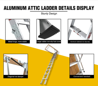 Household Aluminum Attic Ladder 25" x 54" ,350lbs Capacity, 7-10 ft Ceiling Height