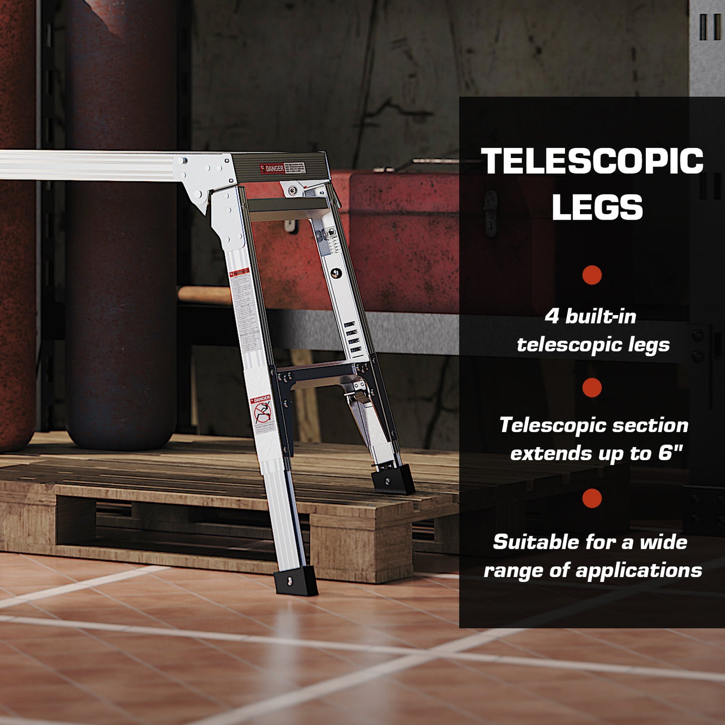 Aluminum Work Platform Large Size Step Stool Folding Portable Work Bench 40"  Width Telescopic Feet 22" -27.5" Height Adjustable