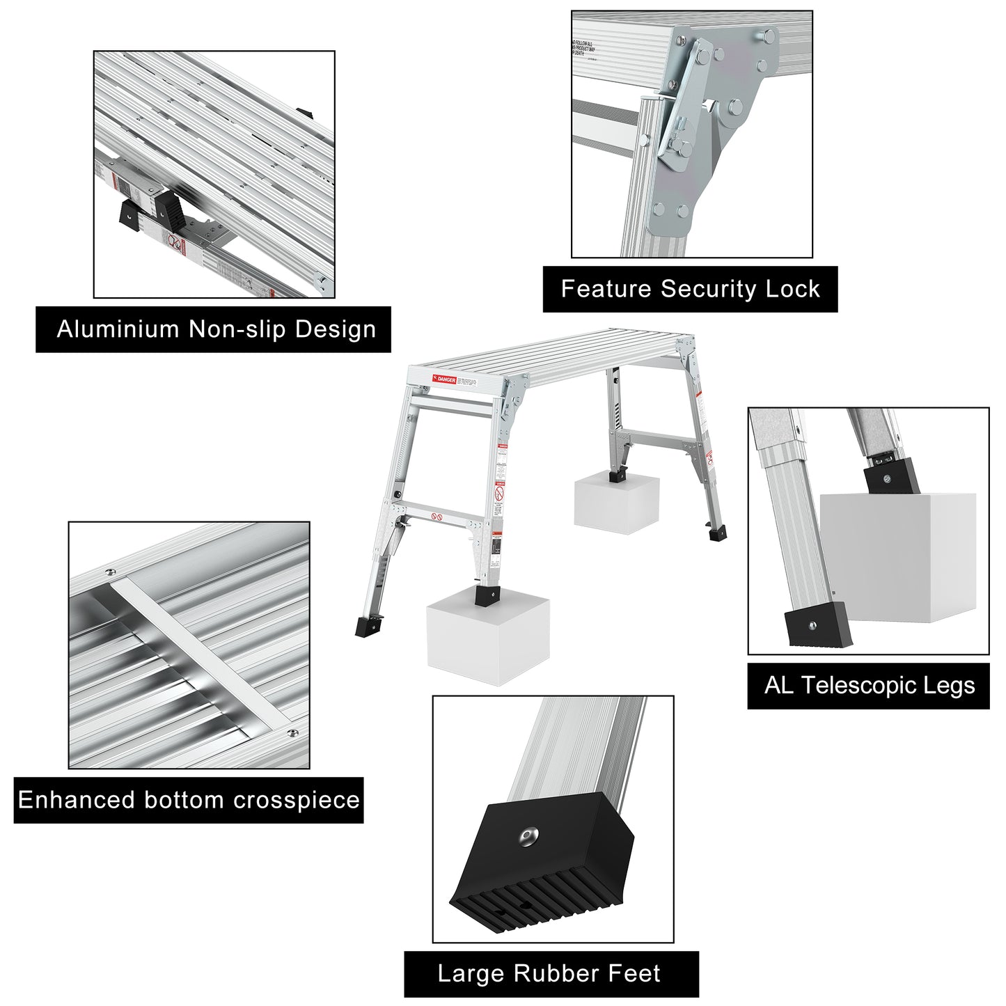 Aluminum Work Platform Large Size Step Stool Folding Portable Work Bench 40"  Width Telescopic Feet 22" -27.5" Height Adjustable