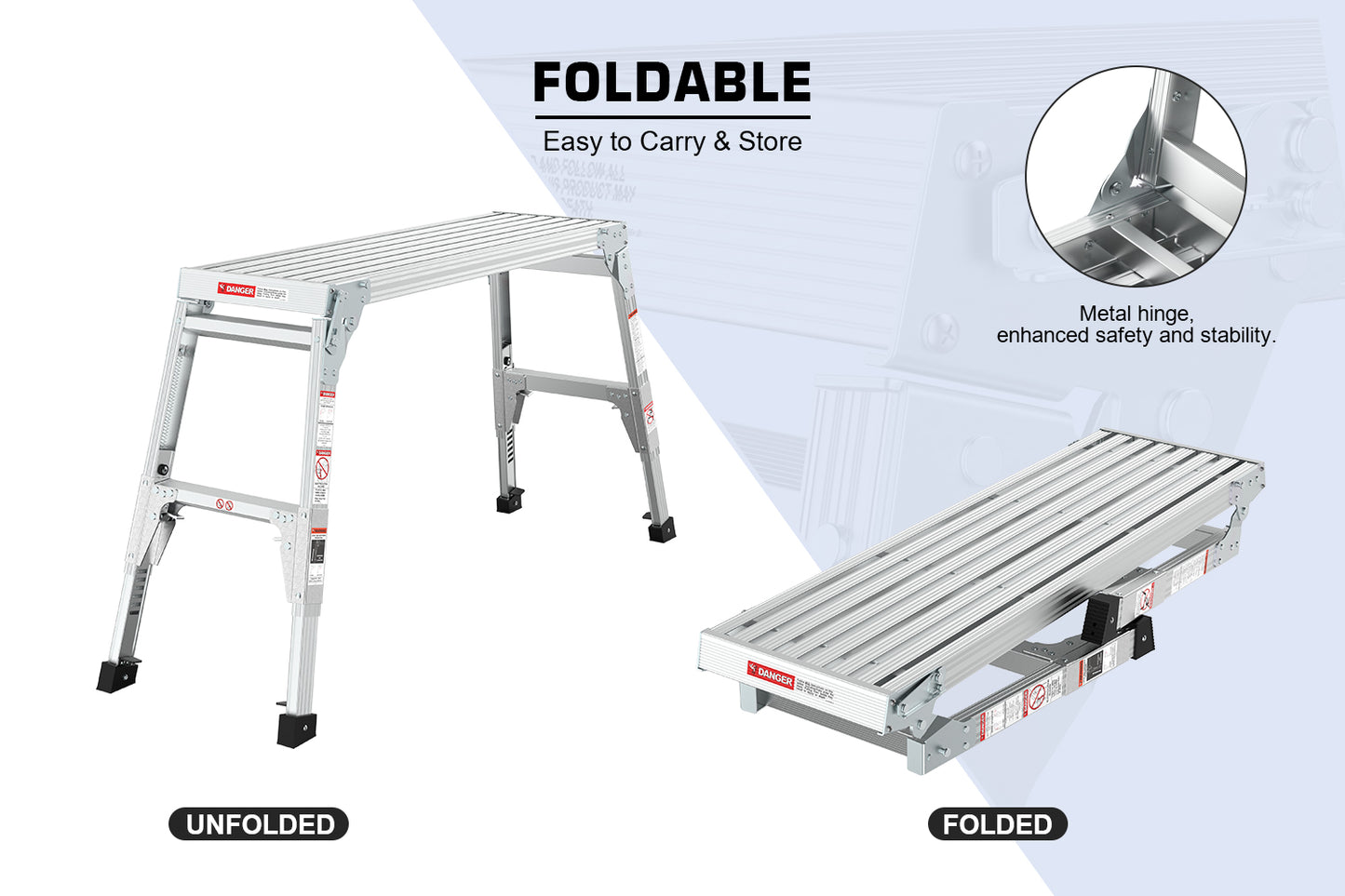 Aluminum Work Platform Large Size Step Stool Folding Portable Work Bench 40"  Width Telescopic Feet 22" -27.5" Height Adjustable