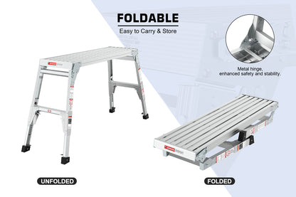 Aluminum Work Platform Large Size Step Stool Folding Portable Work Bench 40"  Width Telescopic Feet 22" -27.5" Height Adjustable