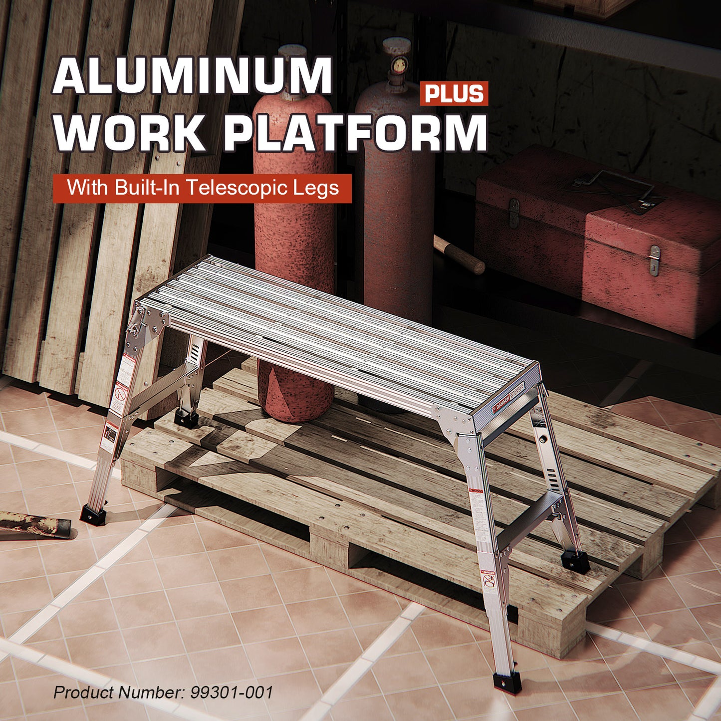 Aluminum Work Platform Large Size Step Stool Folding Portable Work Bench 40"  Width Telescopic Feet 22" -27.5" Height Adjustable