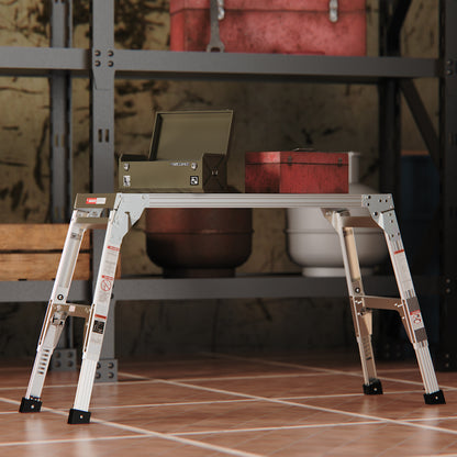 Aluminum Work Platform Large Size Step Stool Folding Portable Work Bench 40"  Width Telescopic Feet 22" -27.5" Height Adjustable