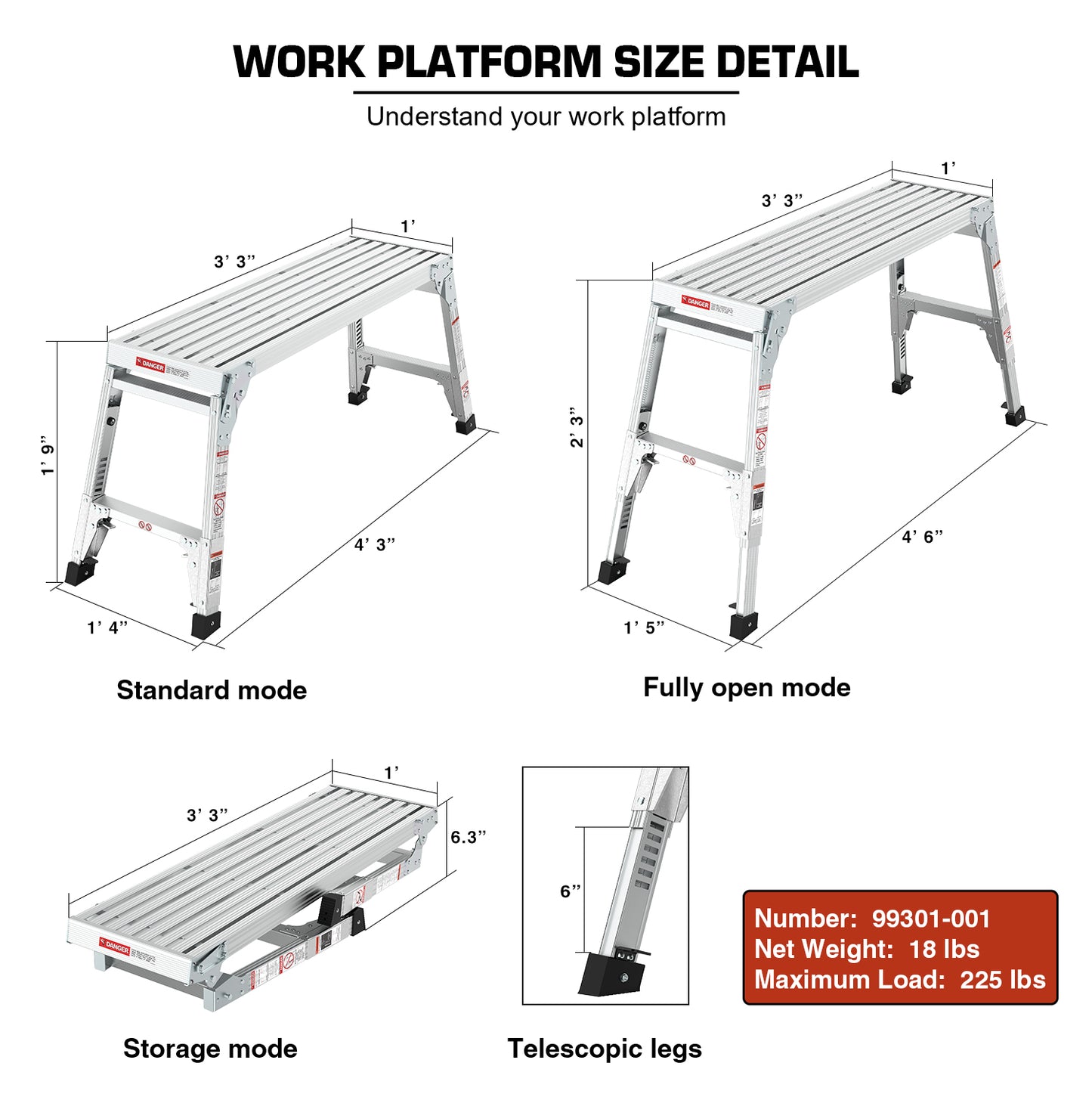 Aluminum Work Platform Large Size Step Stool Folding Portable Work Bench 40"  Width Telescopic Feet 22" -27.5" Height Adjustable
