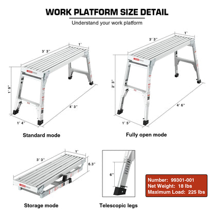 Aluminum Work Platform Large Size Step Stool Folding Portable Work Bench 40"  Width Telescopic Feet 22" -27.5" Height Adjustable