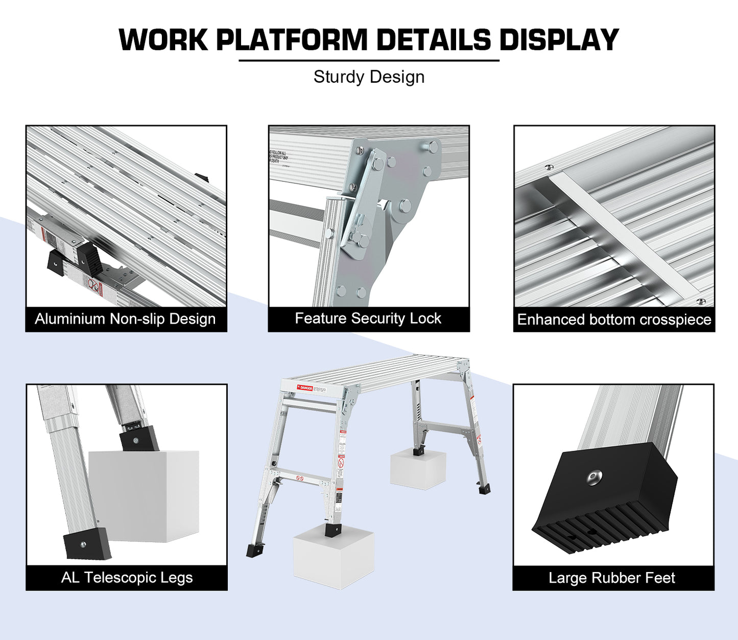 Aluminum Work Platform Large Size Step Stool Folding Portable Work Bench 40"  Width Telescopic Feet 22" -27.5" Height Adjustable