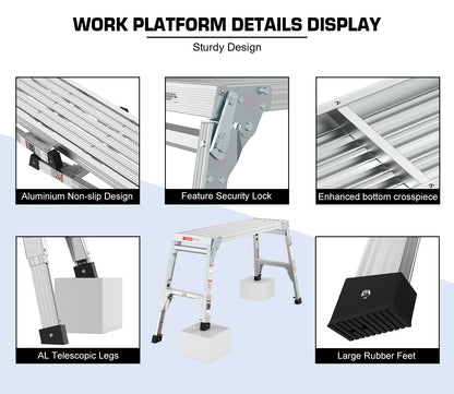 Aluminum Work Platform Large Size Step Stool Folding Portable Work Bench 40"  Width Telescopic Feet 22" -27.5" Height Adjustable