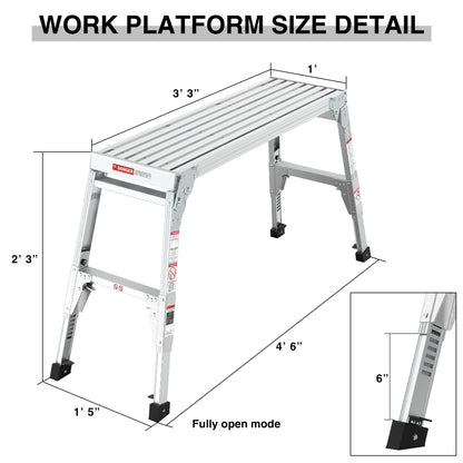 Aluminum Work Platform Large Size Step Stool Folding Portable Work Bench 40"  Width Telescopic Feet 22" -27.5" Height Adjustable