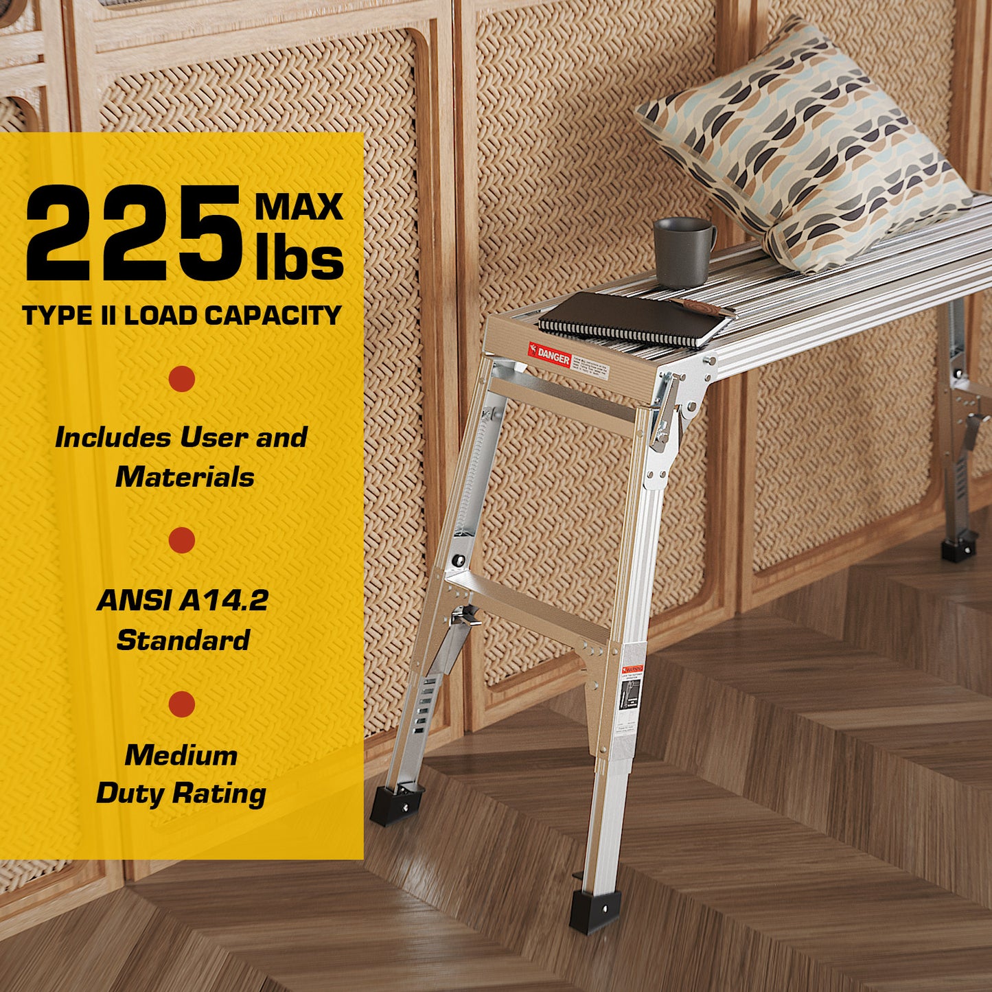 Aluminum Work Platform Large Size Step Stool Folding Portable Work Bench 40"  Width Telescopic Feet 22" -27.5" Height Adjustable