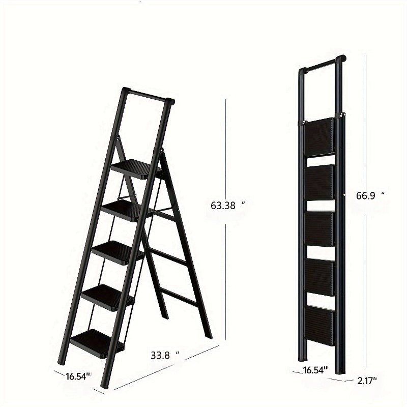 5-step ladder folding step stool, 5-step ladder with anti slip wide pedals, lightweight and easy to carry handle folding ladder, multi-purpose steel ladder, suitable for home and office use