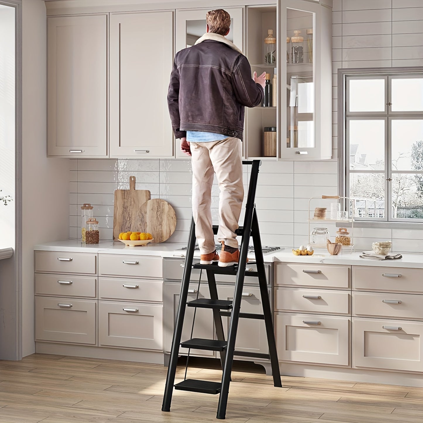 5-step ladder folding step stool, 5-step ladder with anti slip wide pedals, lightweight and easy to carry handle folding ladder, multi-purpose steel ladder, suitable for home and office use