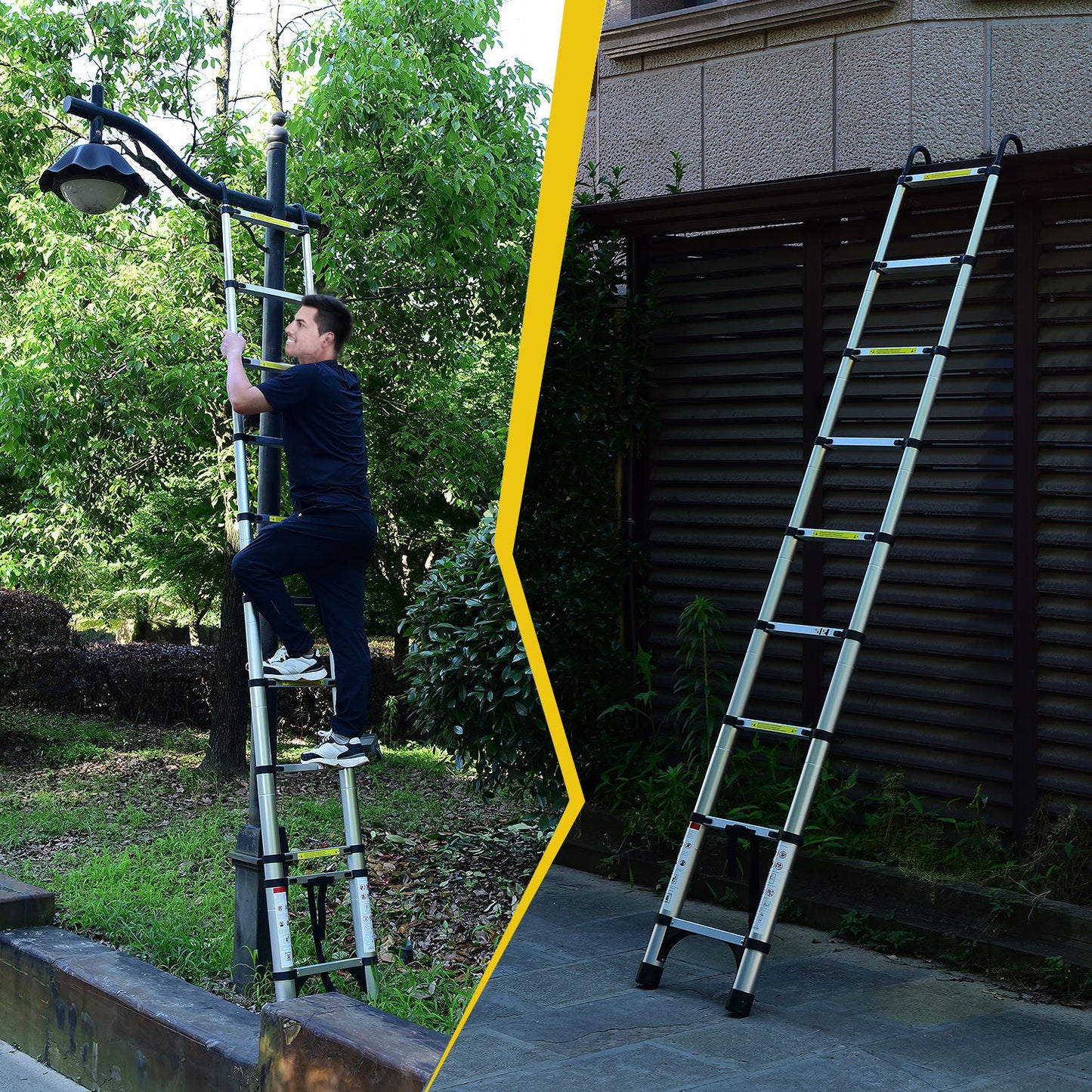 8.5FT telescopic ladder, telescopic aluminum alloy multi-purpose folding telescopic ladder with hooks and triangular support frame, suitable for outdoor work at home or RV