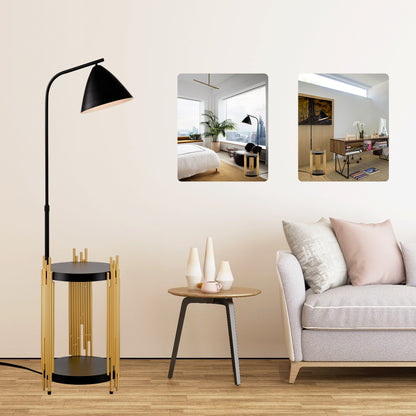 Luxury Shelves Floor Lamp for Living Room with Metal Lampshade, Standing Lamp Tall Industrial Floor Lamp Reading for Bedroom, Office (E26 No Included Bulb) -Matte Gold+Matte Black